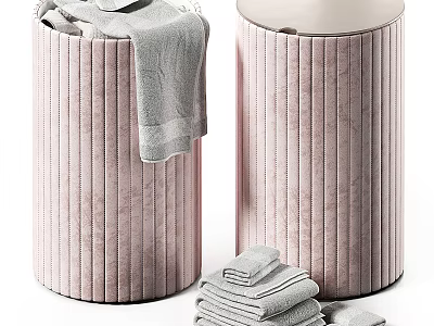 Pink Cylindrical Ribbed Stools With Folded Towels And Draped Towel In Home Interior 3d model