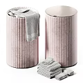 Pink Cylindrical Ribbed Stools With Folded Towels And Draped Towel In Home Interior