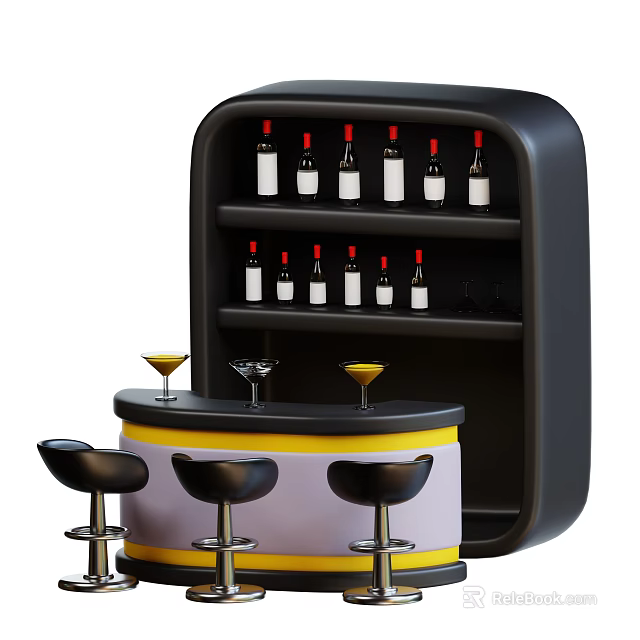 Modern Wine Cabinet Design With Shelves Wine Bottles Bar Counter And Bar Stools 3d model 