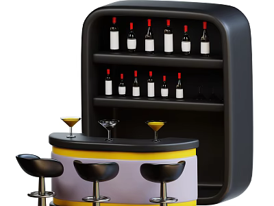 Modern Wine Cabinet Design With Shelves Wine Bottles Bar Counter And Bar Stools 3d model