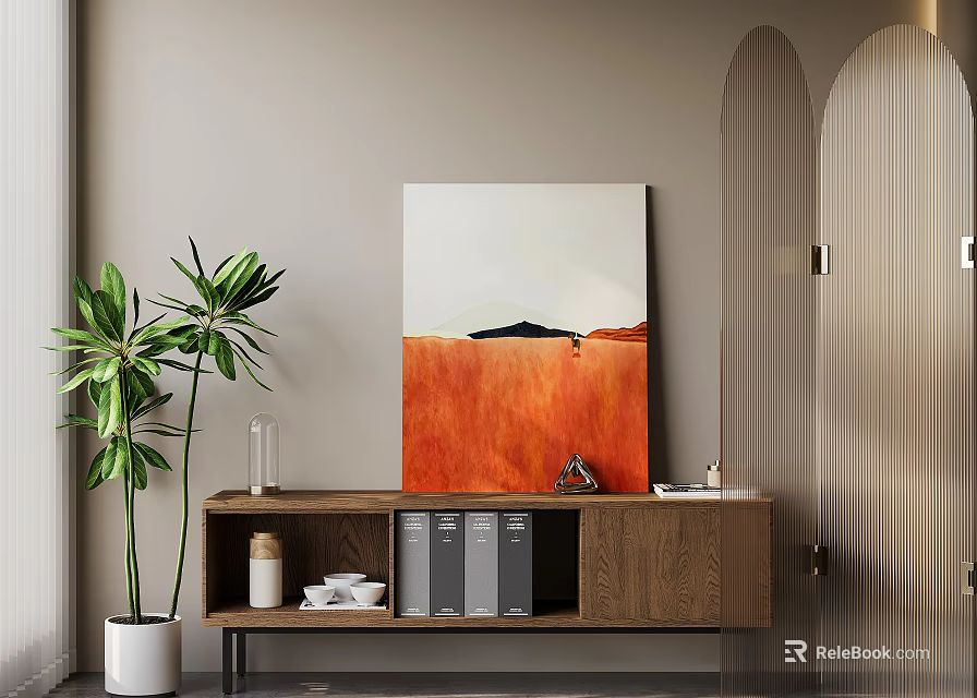 Walnut Decorative Cabinet With Green Plant Abstract Painting And Decorative Items In Modern Interior 3d model 