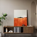 Walnut Decorative Cabinet With Green Plant Abstract Painting And Decorative Items In Modern Interior