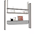 Modern Minimalist Suspended Wine Rack With Wine Bottles Glasses Below Cabinet And Artwork