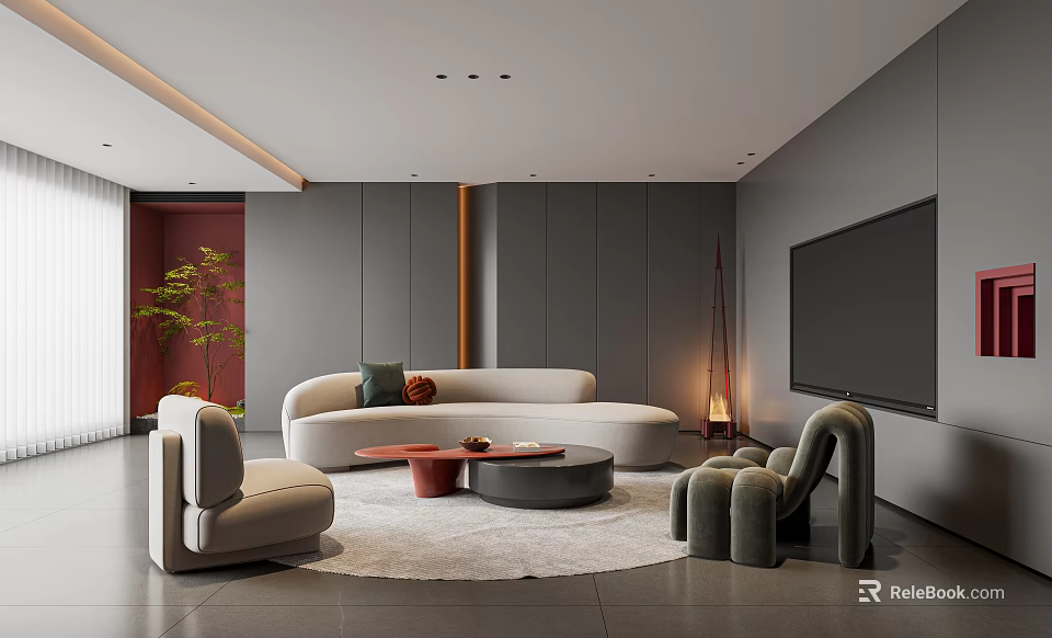 Modern Living Room Interior With Curved Sofa Round Rug Red Side Table And Green Plant 3d model 