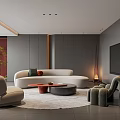 Modern Living Room Interior With Curved Sofa Round Rug Red Side Table And Green Plant