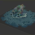 Blue 3D Architectural Model With Circular Perforated Base And Central Structure