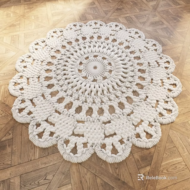 White Crocheted Round Rug with Intricate Lace Pattern on Wooden Floor 3d model 