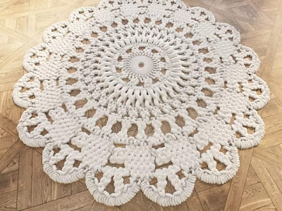 White Crocheted Round Rug with Intricate Lace Pattern on Wooden Floor 3d model