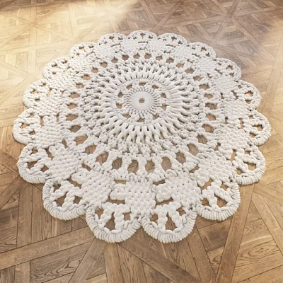 White Crocheted Round Rug with Intricate Lace Pattern on Wooden Floor 3d model