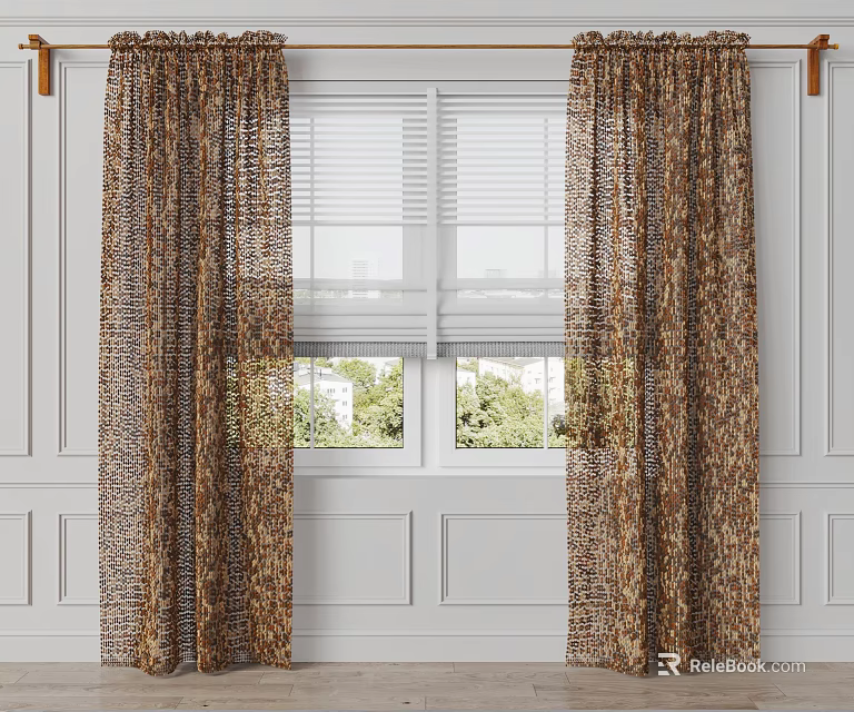 Brown Patterned Sheer Curtains With Textured Fabric Hanging On Living Room Window 3d model 