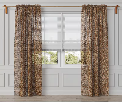 Brown Patterned Sheer Curtains With Textured Fabric Hanging On Living Room Window 3d model