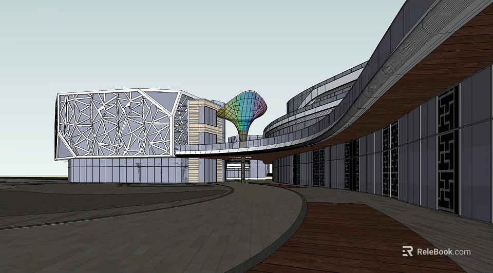 Modern Commercial Complex With Geometric Facade Glass Curtain Walls Colorful Sculptural Pavilion And Plaza 3d model 