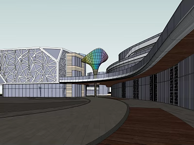 Modern Commercial Complex With Geometric Facade Glass Curtain Walls Colorful Sculptural Pavilion And Plaza 3d model
