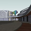 Modern Commercial Complex With Geometric Facade Glass Curtain Walls Colorful Sculptural Pavilion And Plaza