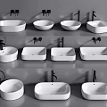 Different Shapes White Ceramic Washbasins with Black Faucets in Modern Bathroom