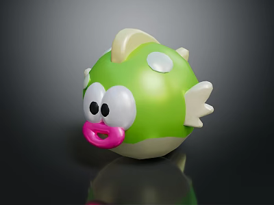 Cute Green Cartoon Game Character With Big Eyes Pink Mouth And White Wings 3d model