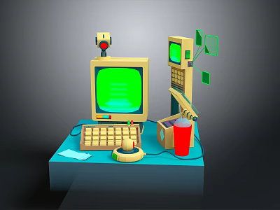 Vintage Electronic Devices Setup With Green Screen Monitor Keyboard Telephone Desk Lamp And Cup 3d model