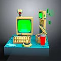 Vintage Electronic Devices Setup With Green Screen Monitor Keyboard Telephone Desk Lamp And Cup