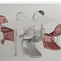 Modern Dining Table Set With White Table Red Transparent Chairs Clear Vase And Green Leaf 3d model