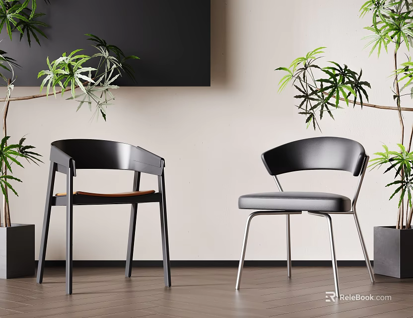 Modern Single Chairs With Black Frame Wooden Seat And Metal Legs In Green Plant Decor 3d model 