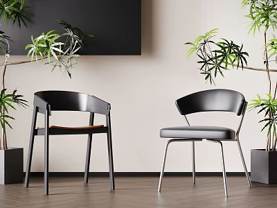 Modern Single Chairs With Black Frame Wooden Seat And Metal Legs In Green Plant Decor 3d model