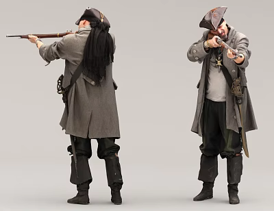 Game Movie Character in Long Coat and Tricorn Hat with Musket in Shooting Pose 3d model