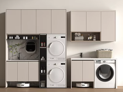 Modern Laundry Room With Washer Dryer Cabinets And Storage Space 3d model