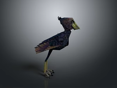 3D Model Bird with Purple Brown Feathers Yellow Beak and Legs on Gray Background 3d model