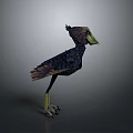 3D Model Bird with Purple Brown Feathers Yellow Beak and Legs on Gray Background