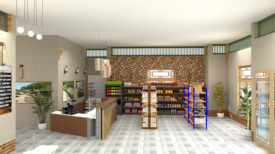 Modern Specialty Store Interior with Shelves Products Checkout Counter Stone Wall and Plants 3d model 