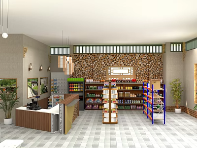 Modern Specialty Store Interior with Shelves Products Checkout Counter Stone Wall and Plants 3d model