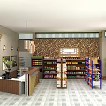 Modern Specialty Store Interior with Shelves Products Checkout Counter Stone Wall and Plants
