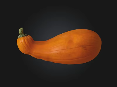 Vibrant Orange Curved Pumpkin with Green Stem Displayed on Black Background 3d model