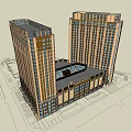 Modern Twin High Rise Office Building With Golden Facade And Ground Floor Entrance