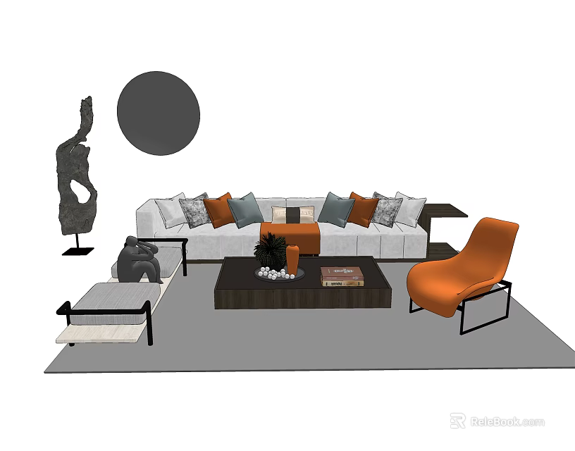 Modern Sofa Coffee Table Set With Orange Pillows Accent Chair And Round Wall Decor 3d model