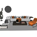 Modern Sofa Coffee Table Set With Orange Pillows Accent Chair And Round Wall Decor 3d model