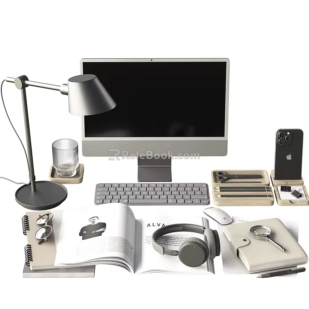 Computer books desk lamp ornaments mobile phone 3d model
