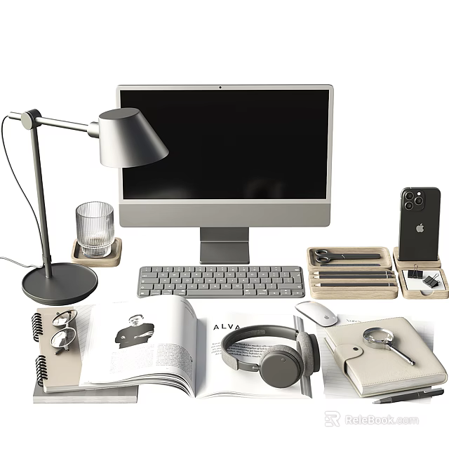Modern Desktop Computer Setup With Lamp Keyboard Mouse Headphones Notebook And Phone 3d model 
