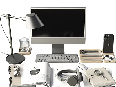Modern Desktop Computer Setup With Lamp Keyboard Mouse Headphones Notebook And Phone 3d model