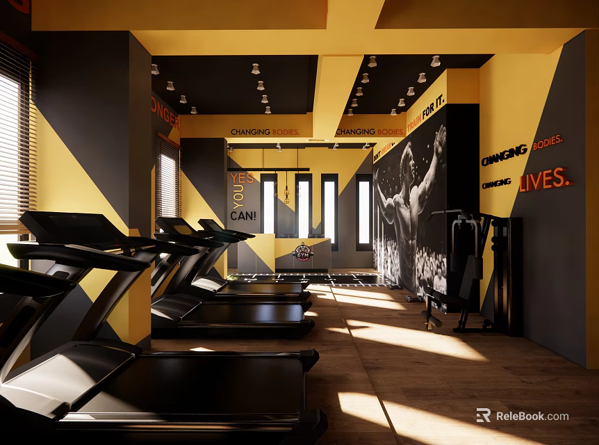 Spacious Modern Gym Interior With Treadmills Yellow Black Walls And Posters 3d model 
