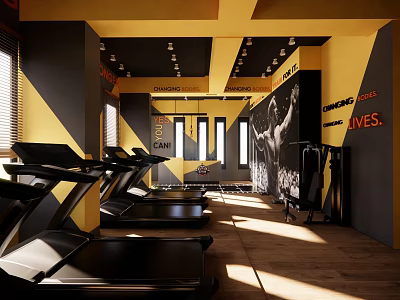 Spacious Modern Gym Interior With Treadmills Yellow Black Walls And Posters 3d model