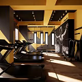 Spacious Modern Gym Interior With Treadmills Yellow Black Walls And Posters