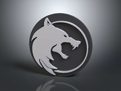 Stylized Wolf Head With Open Mouth In 3D Circular Black White Emblem 3d model