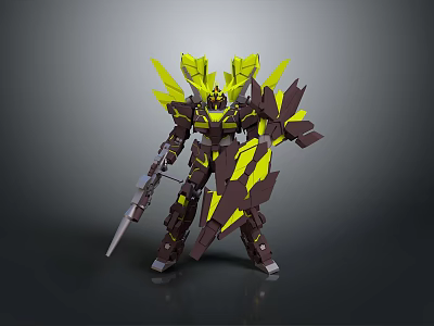 Game and Movie Character Robot With Yellow Winged Structures Dark Brown Armor Holding Weapon Shield 3d model