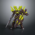Game and Movie Character Robot With Yellow Winged Structures Dark Brown Armor Holding Weapon Shield