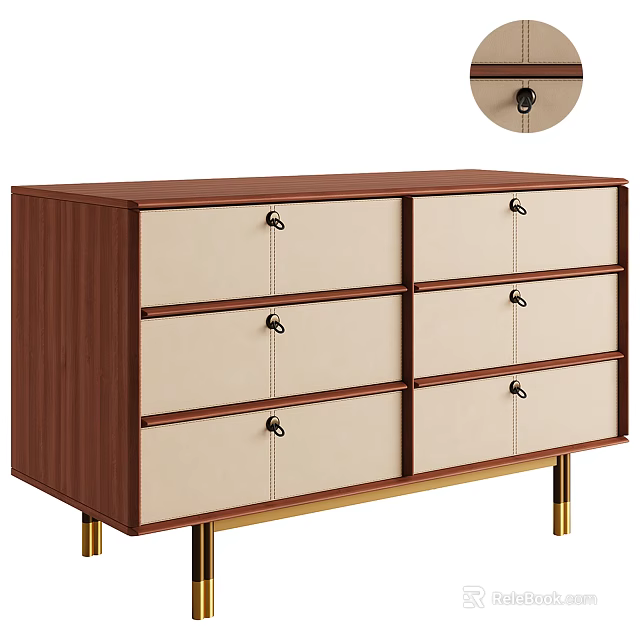 Modern Decorative Cabinet With Wooden Body Beige Drawers Metal Handles And Gold Legs 3d model 