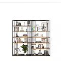 Modern Metal And Wooden Display Shelf With Books Decorations Photo Frames And Green Plants