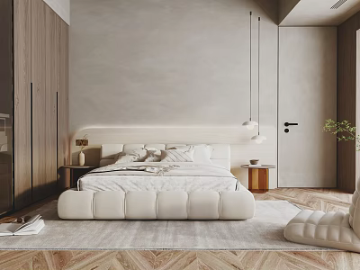 Minimalist Modern Bedroom Interior With Upholstered Bed Herringbone Wood Floor And Wooden Nightstands 3d model