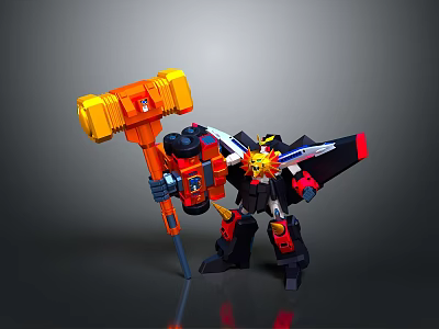 Red And Black Robot Character Holding Giant Orange Hammer With Wings 3d model