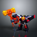 Red And Black Robot Character Holding Giant Orange Hammer With Wings